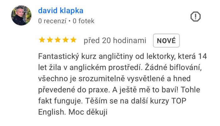 Screenshot recenze kurzu angličtiny TOP English – David Klapka
