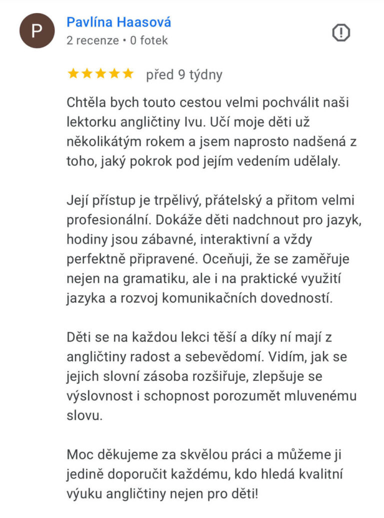 Screenshot recenze kurzu angličtiny TOP English – Pavlína Haasová