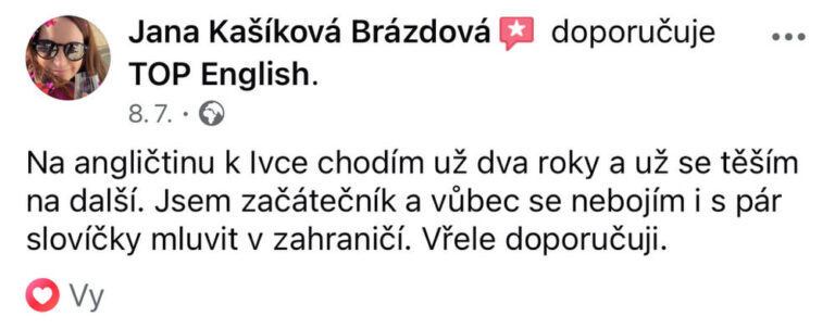 Screenshot recenze kurzu angličtiny TOP English – Jana Kašíková Brázdová