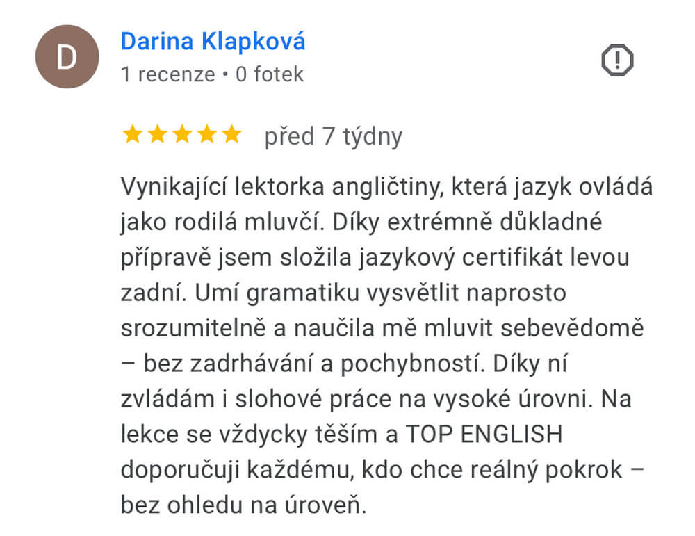 Screenshot recenze kurzu angličtiny TOP English – Darina Klapková