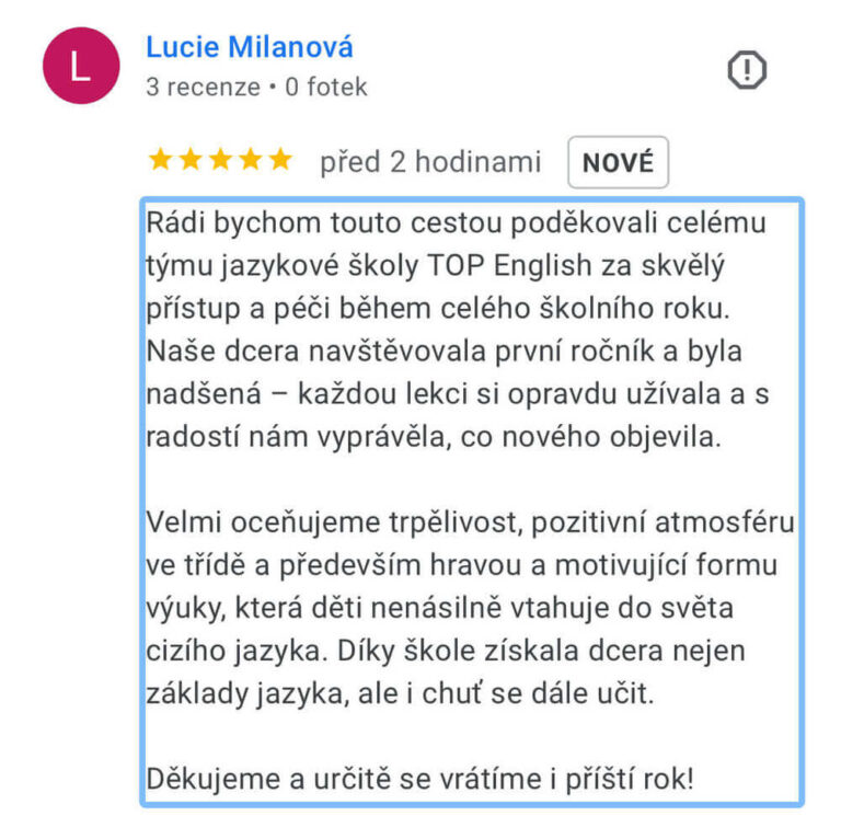 Screenshot recenze kurzu angličtiny TOP English – Lucie Milanová