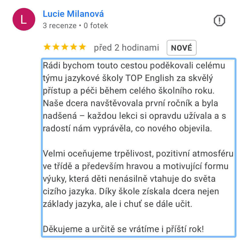 Screenshot recenze kurzu angličtiny TOP English – Lucie Milanová