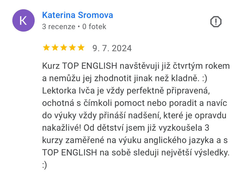 Screenshot recenze kurzu angličtiny TOP English – Kateřina Šromová